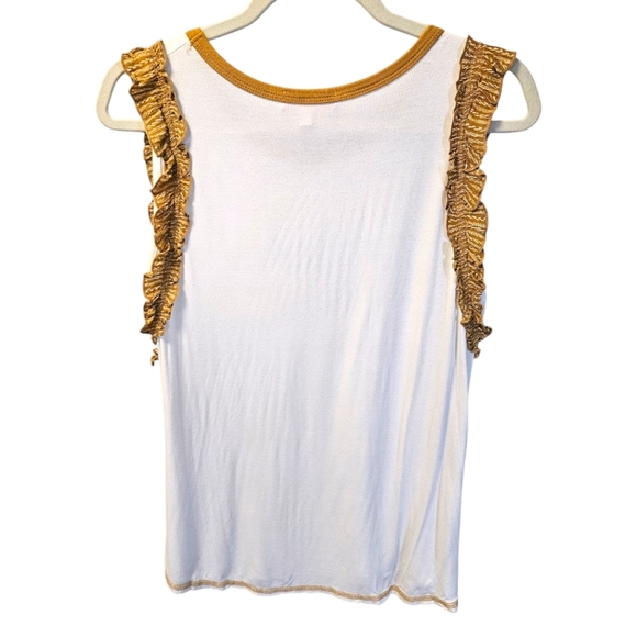 Wmns White Tank W/Tan Ruffle Sleeves Sz M-L Flowy, Super Soft, Stretch, Neutrals - Picture 3 of 8